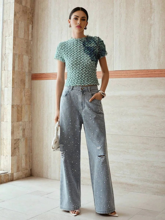 PREMIUM RHINESTONE RIPPED JEANS