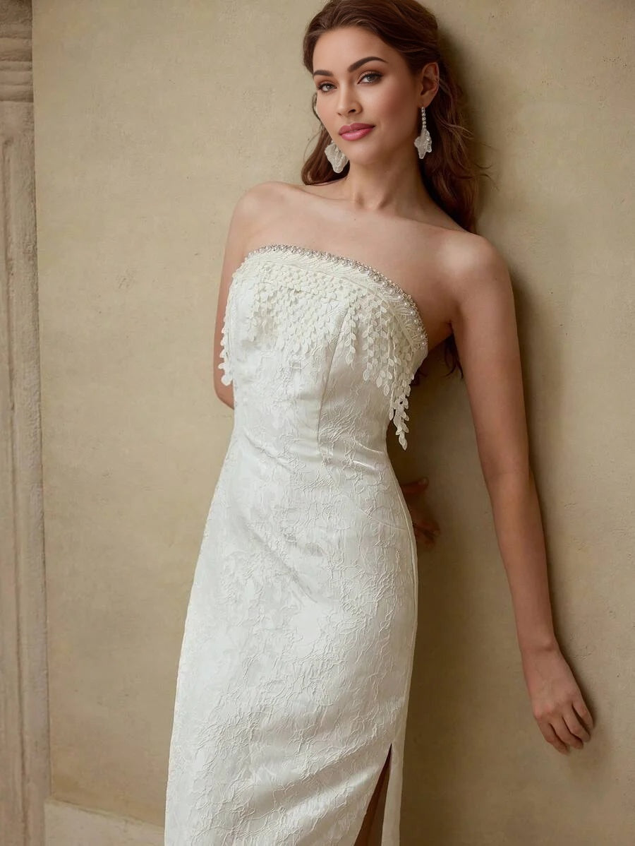 PREMIUM RHINESTONE TASSEL DESIGN STRAPLESS DRESS