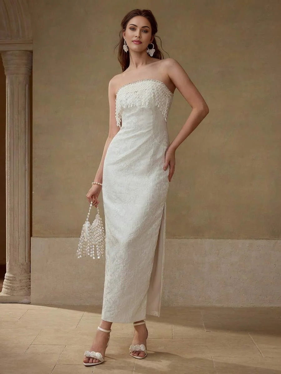 PREMIUM RHINESTONE TASSEL DESIGN STRAPLESS DRESS