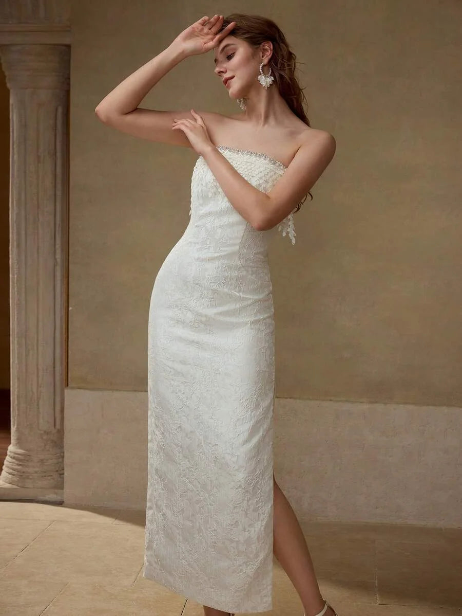 PREMIUM RHINESTONE TASSEL DESIGN STRAPLESS DRESS