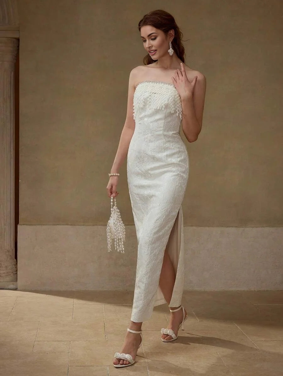 PREMIUM RHINESTONE TASSEL DESIGN STRAPLESS DRESS