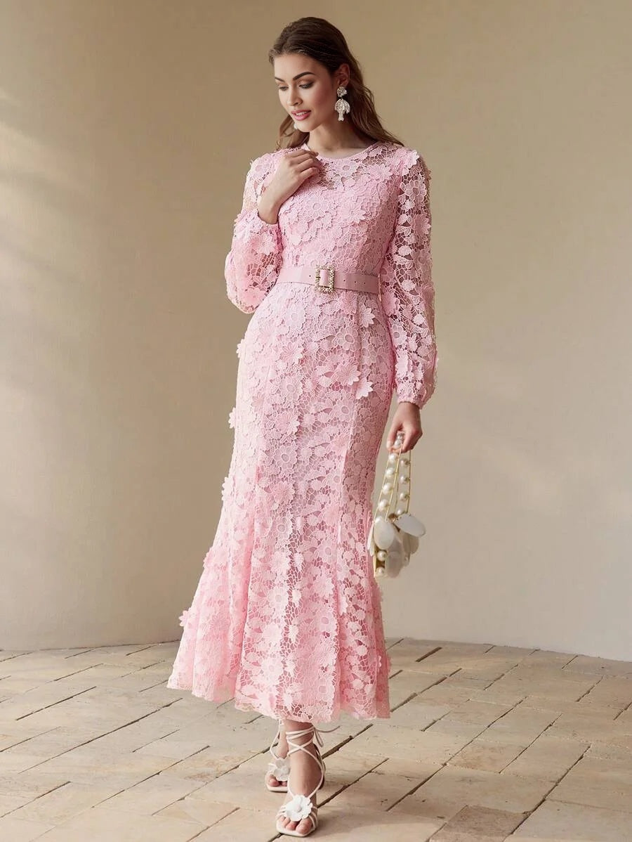 PREMIUM ROMANTIC LACE LANTERN SLEEVE BIAS CUT DRESSSPRINGSUMMER