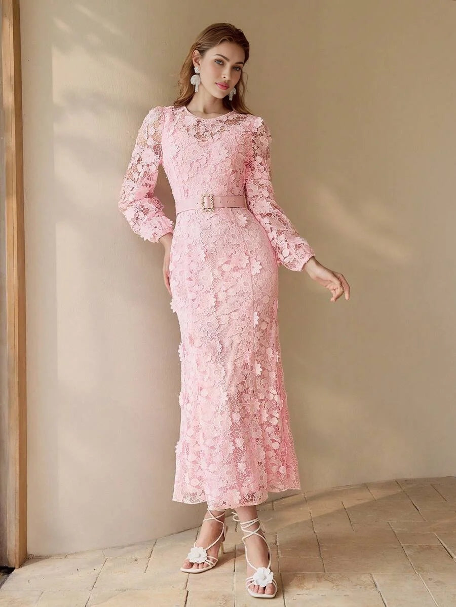 PREMIUM ROMANTIC LACE LANTERN SLEEVE BIAS CUT DRESSSPRINGSUMMER