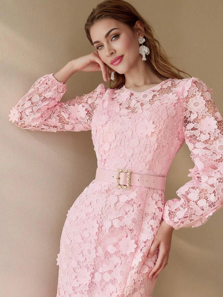 PREMIUM ROMANTIC LACE LANTERN SLEEVE BIAS CUT DRESSSPRINGSUMMER