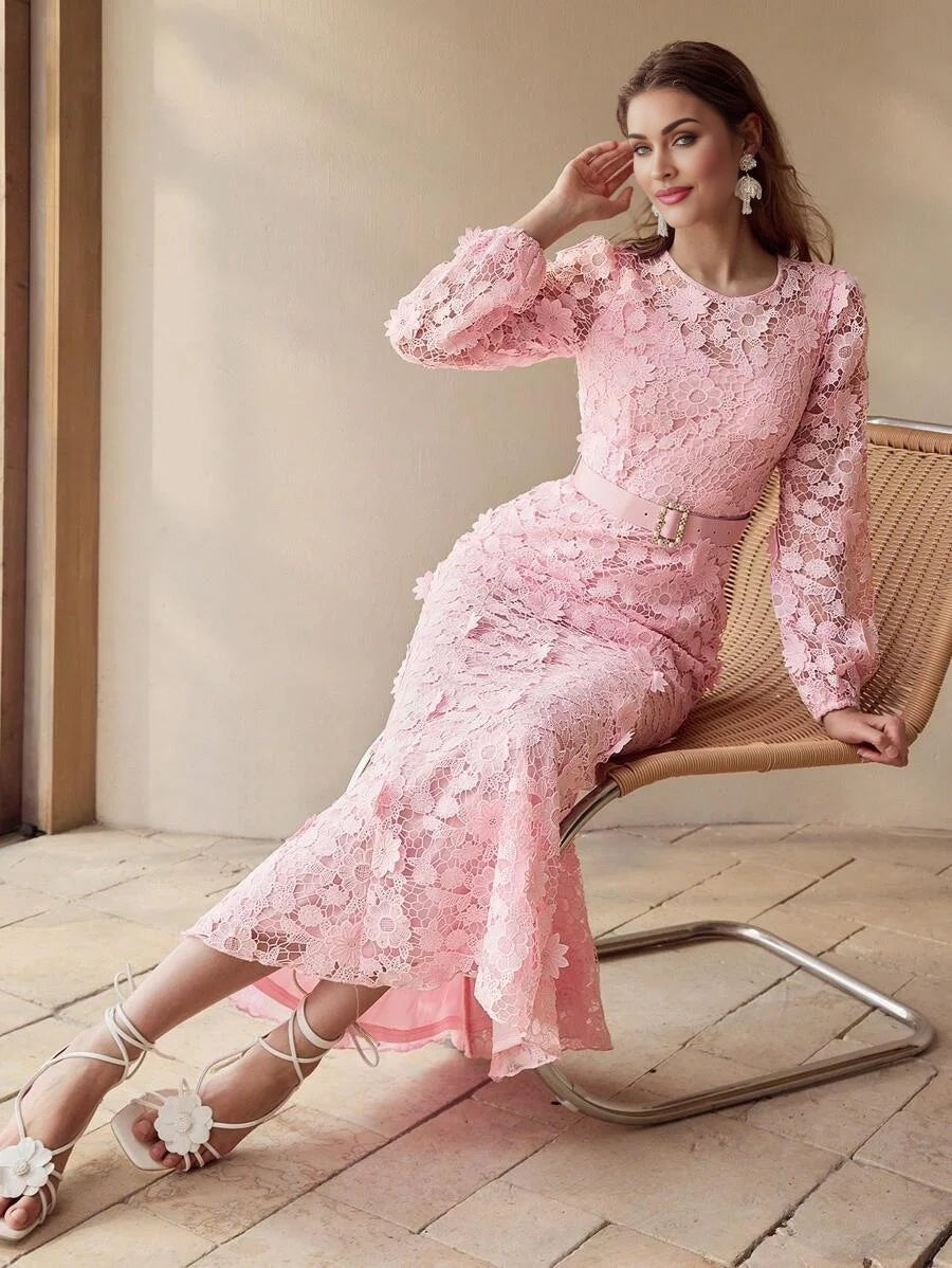 PREMIUM ROMANTIC LACE LANTERN SLEEVE BIAS CUT DRESSSPRINGSUMMER