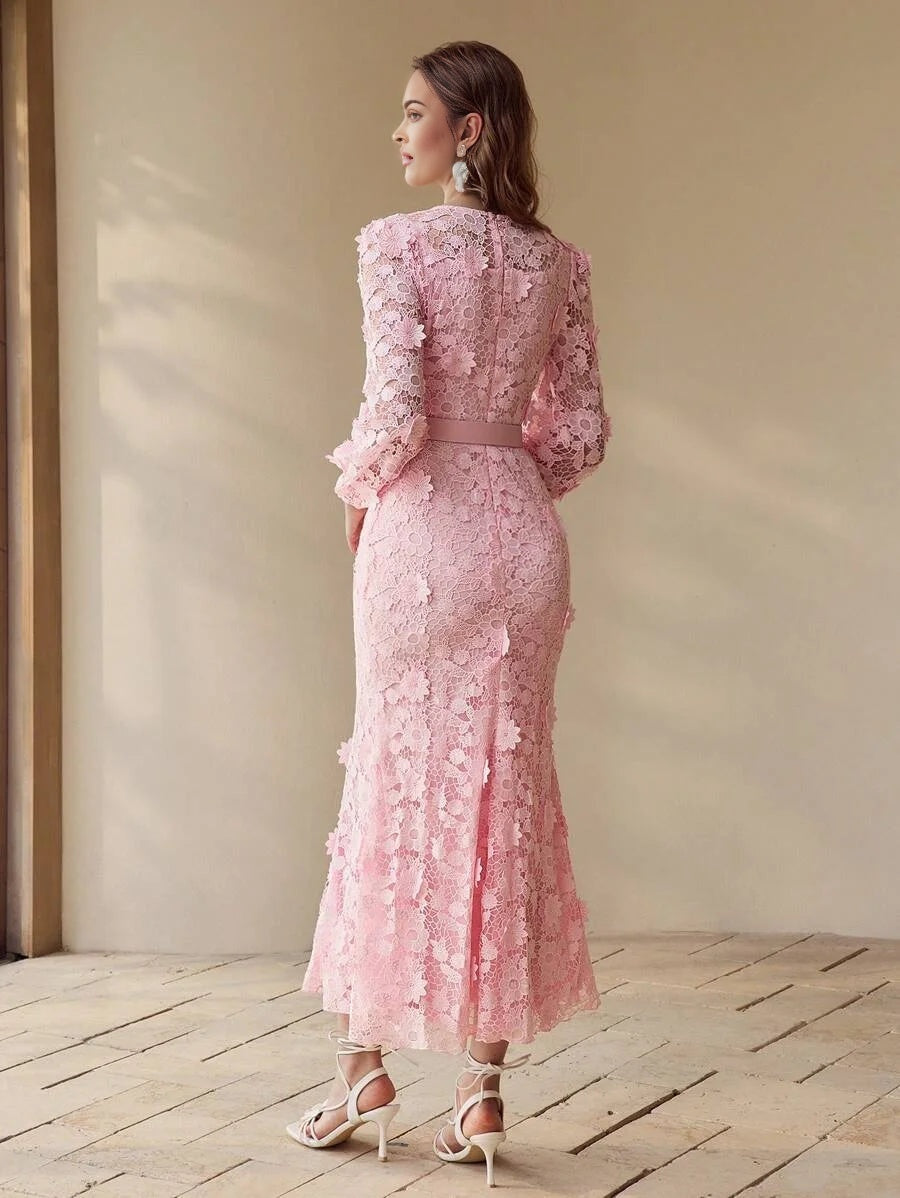 PREMIUM ROMANTIC LACE LANTERN SLEEVE BIAS CUT DRESSSPRINGSUMMER