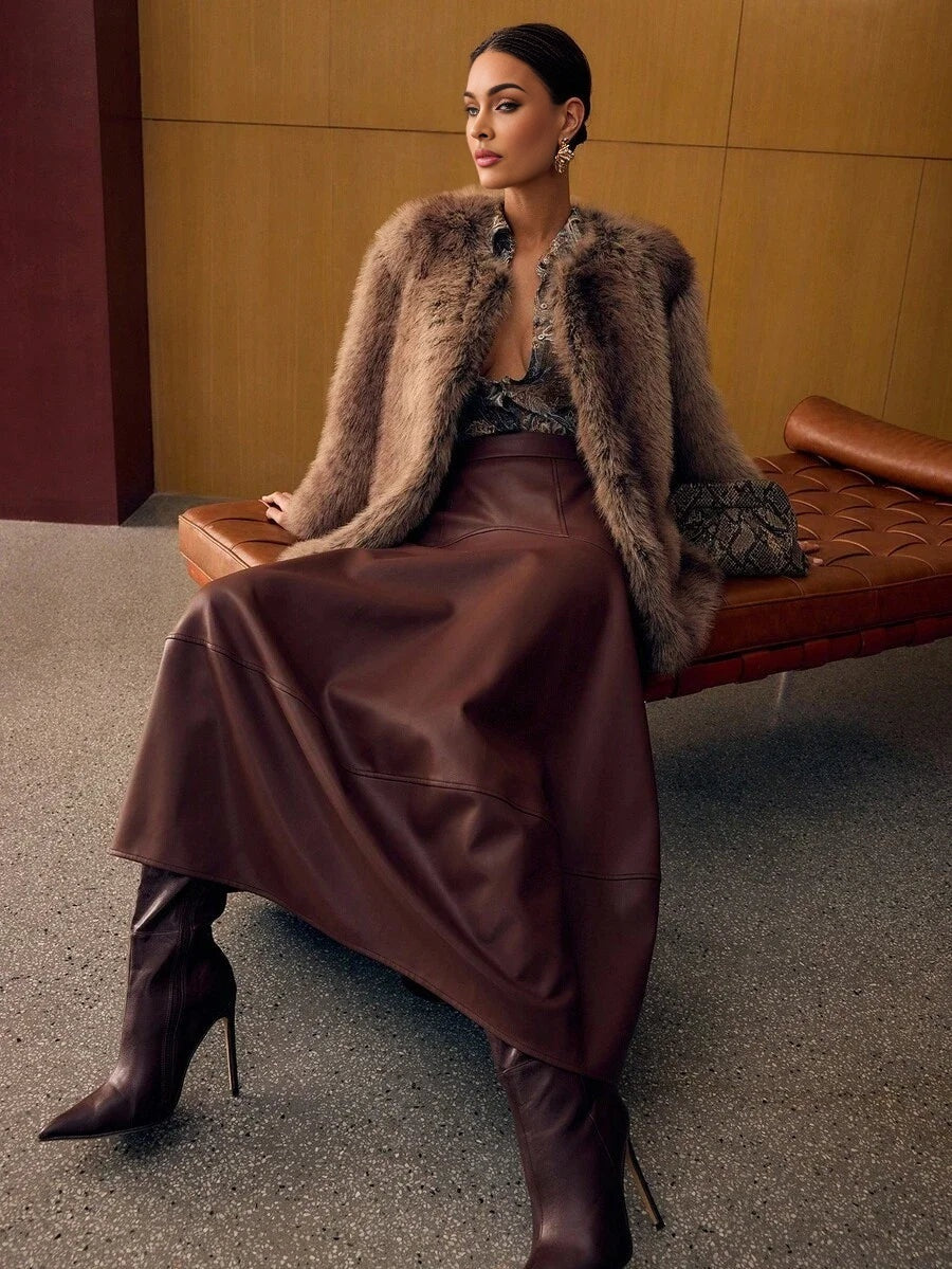 PREMIUM ROUND NECK LONG FAUX FUR COAT AUTUMNWINTER