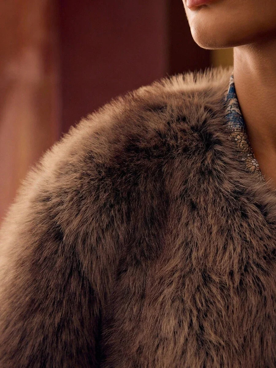 PREMIUM ROUND NECK LONG FAUX FUR COAT AUTUMNWINTER