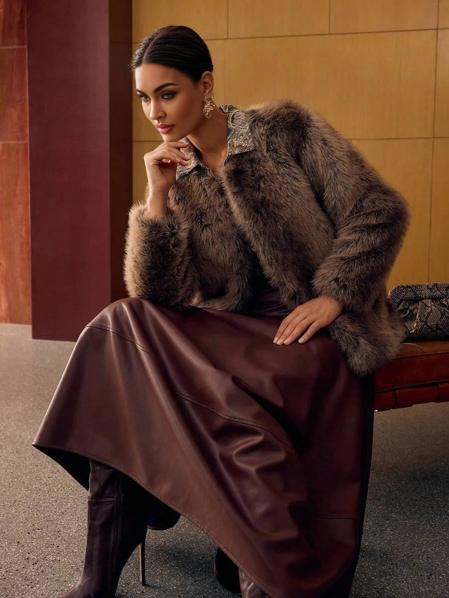 PREMIUM ROUND NECK LONG FAUX FUR COAT AUTUMNWINTER