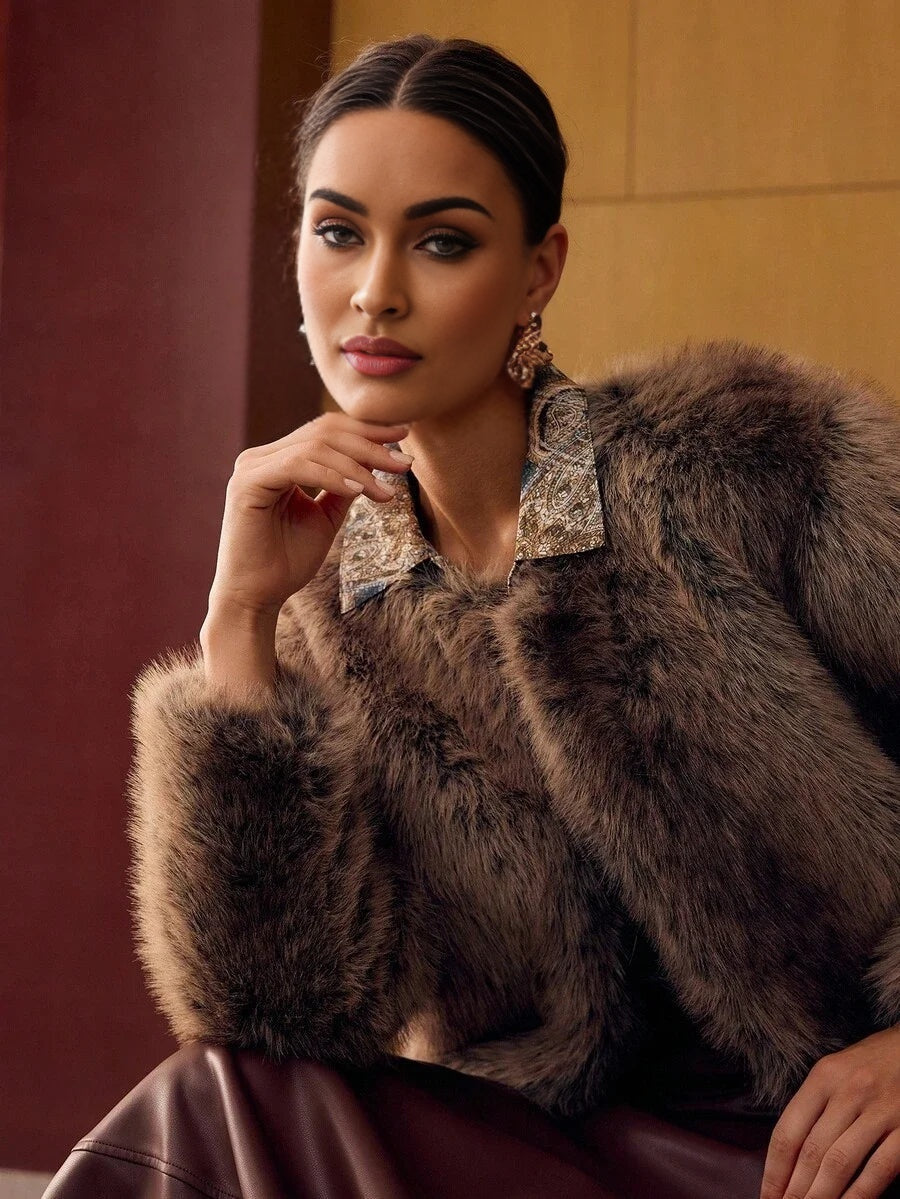 PREMIUM ROUND NECK LONG FAUX FUR COAT AUTUMNWINTER