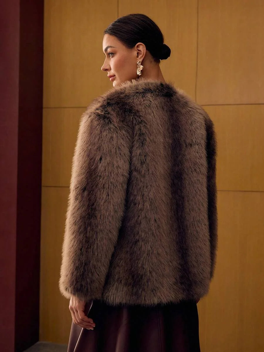 PREMIUM ROUND NECK LONG FAUX FUR COAT AUTUMNWINTER