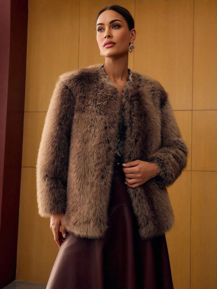 PREMIUM ROUND NECK LONG FAUX FUR COAT AUTUMNWINTER