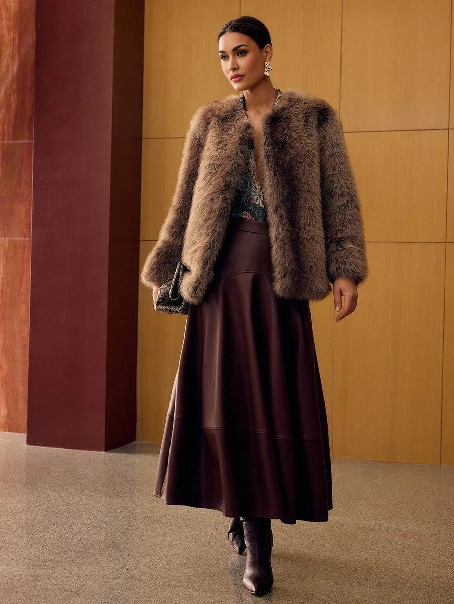 PREMIUM ROUND NECK LONG FAUX FUR COAT AUTUMNWINTER