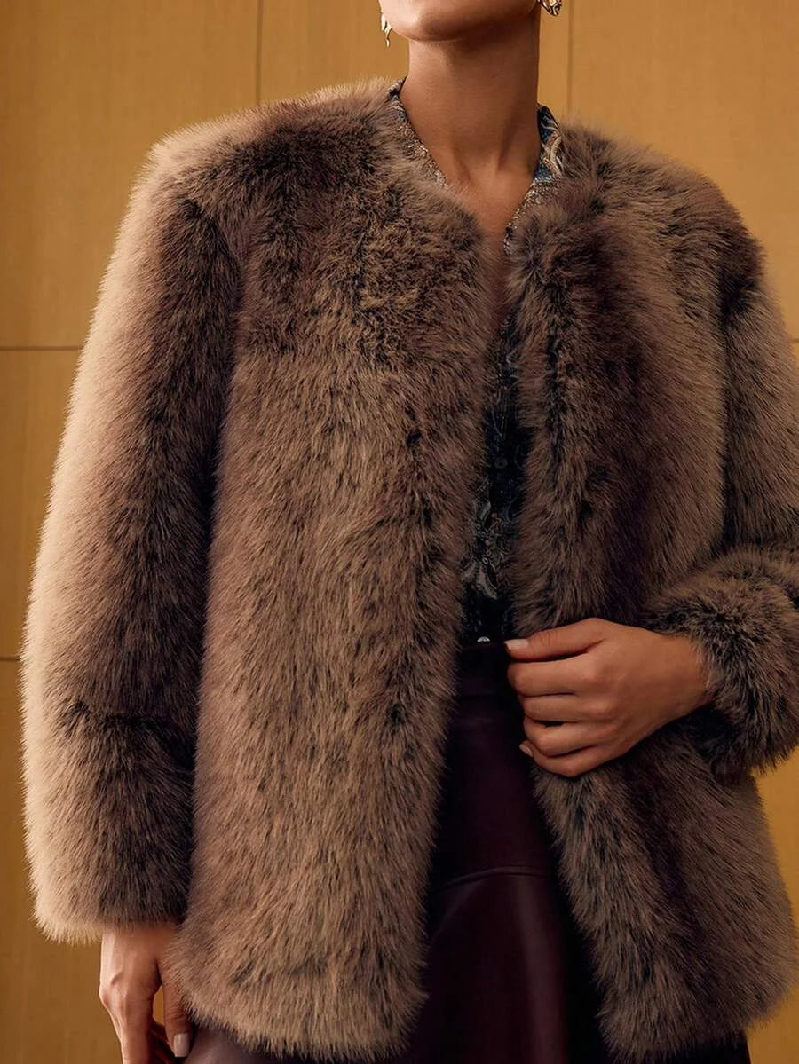 PREMIUM ROUND NECK LONG FAUX FUR COAT AUTUMNWINTER