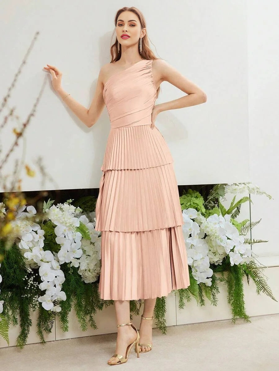 PREMIUM RUCHED PLEATED ONE SHOULDER DRESS