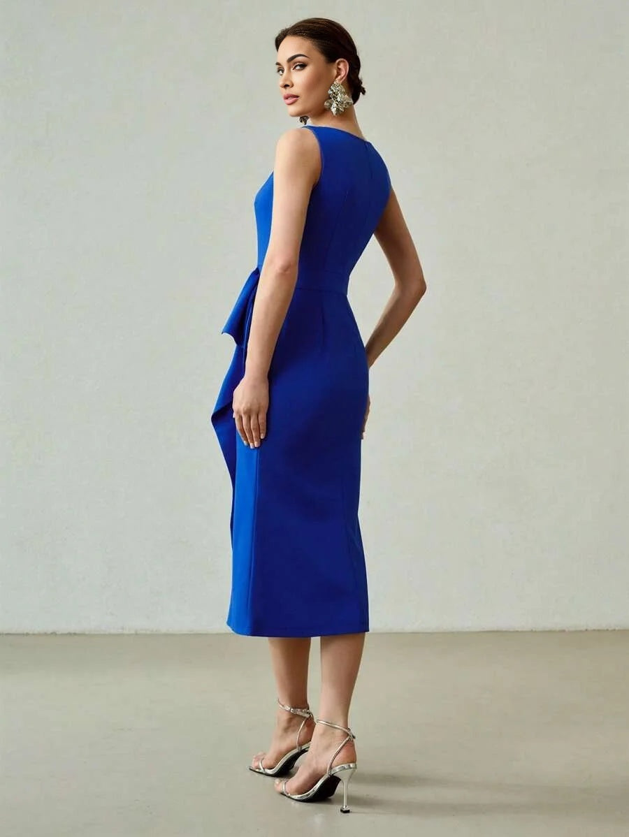 PREMIUM RUCHED WAIST SLIM FIT MIDI DRESS