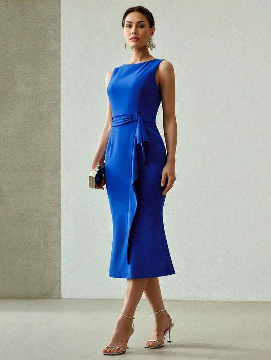 PREMIUM RUCHED WAIST SLIM FIT MIDI DRESS