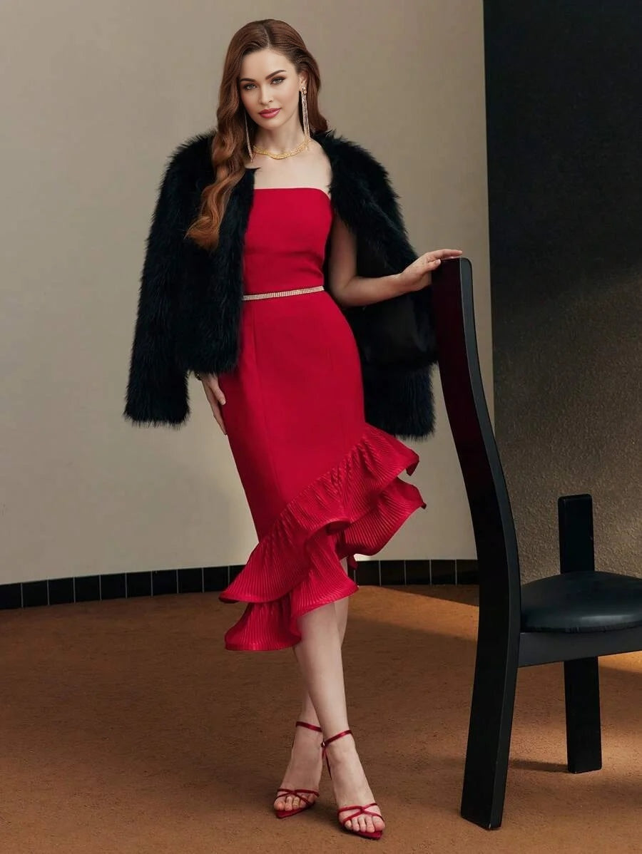 PREMIUM RUFFLE HEM TUBE COCKTAIL DRESS