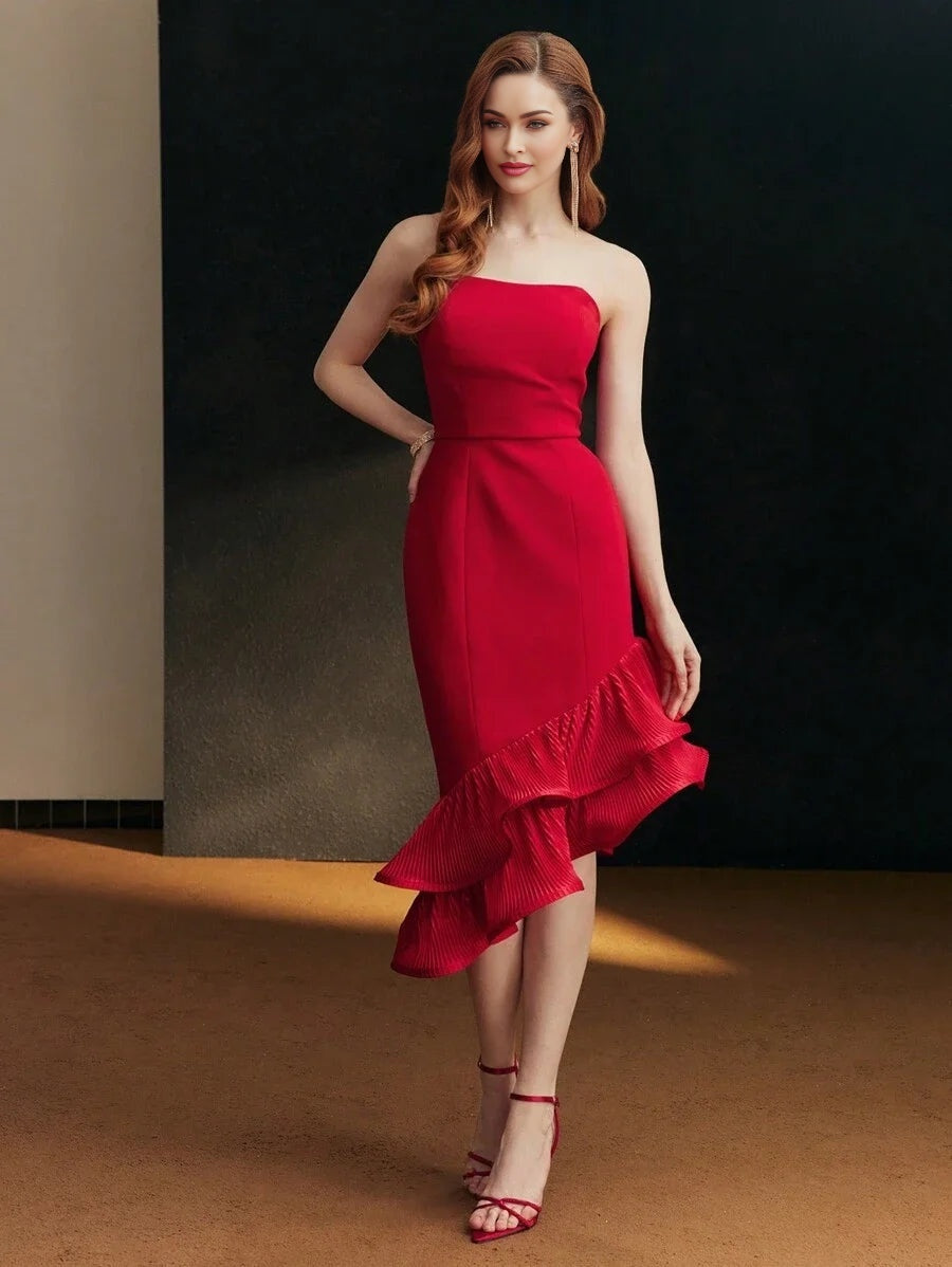 PREMIUM RUFFLE HEM TUBE COCKTAIL DRESS