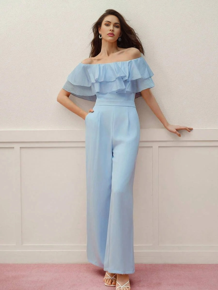 PREMIUM RUFFLE OFF SHOULDER WIDE LEG JUMPSUIT