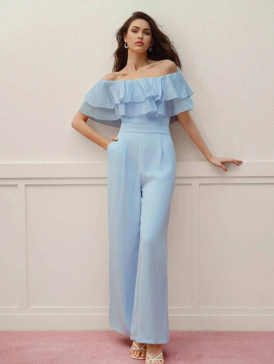 PREMIUM RUFFLE OFF SHOULDER WIDE LEG JUMPSUIT