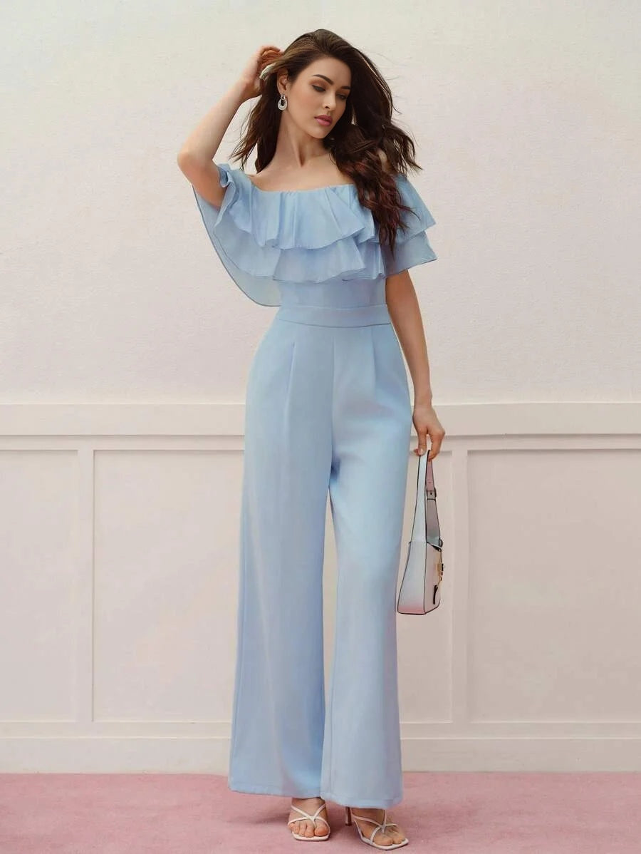 PREMIUM RUFFLE OFF SHOULDER WIDE LEG JUMPSUIT