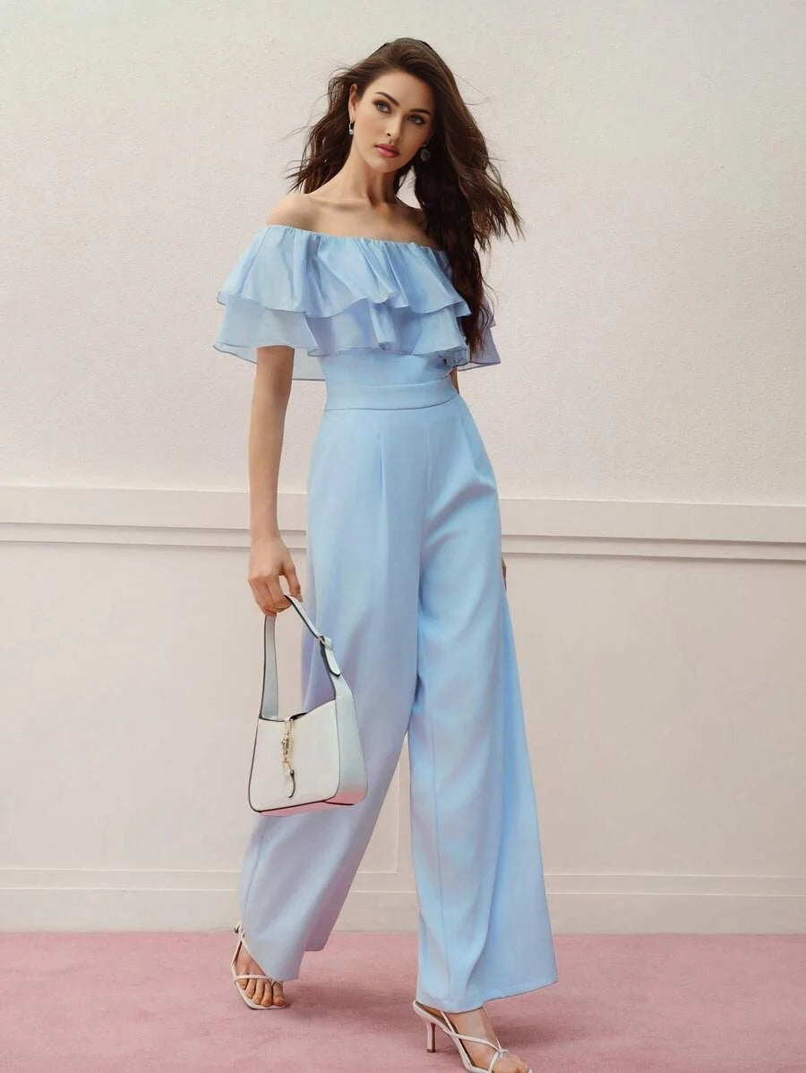 PREMIUM RUFFLE OFF SHOULDER WIDE LEG JUMPSUIT