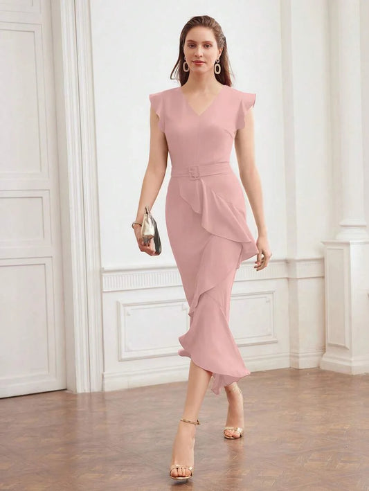 PREMIUM RUFFLE TRIM BELTED DRESS