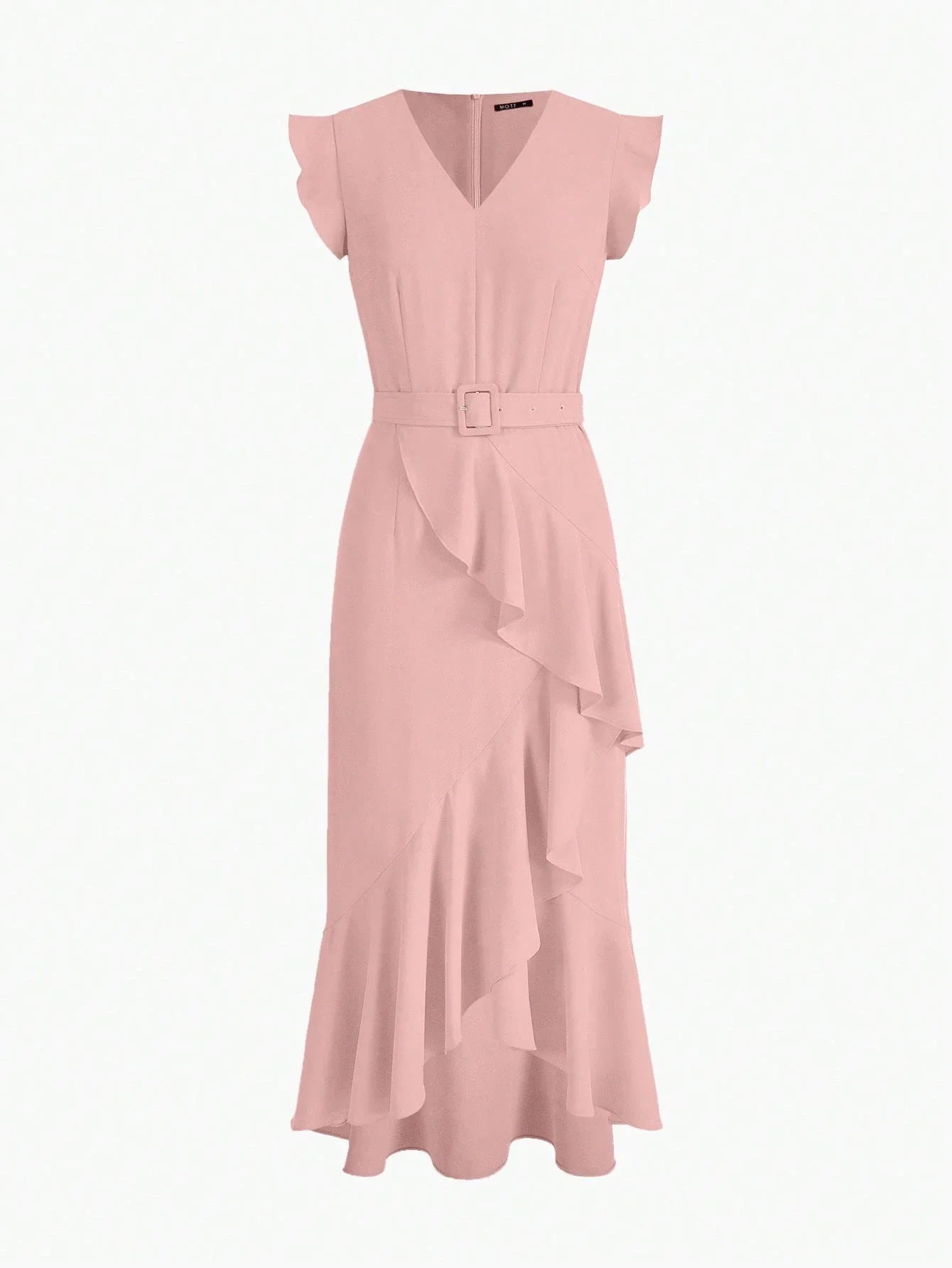 PREMIUM RUFFLE TRIM BELTED DRESS