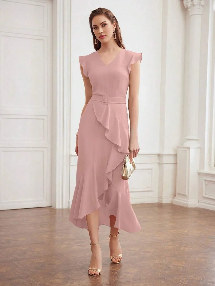 PREMIUM RUFFLE TRIM BELTED DRESS