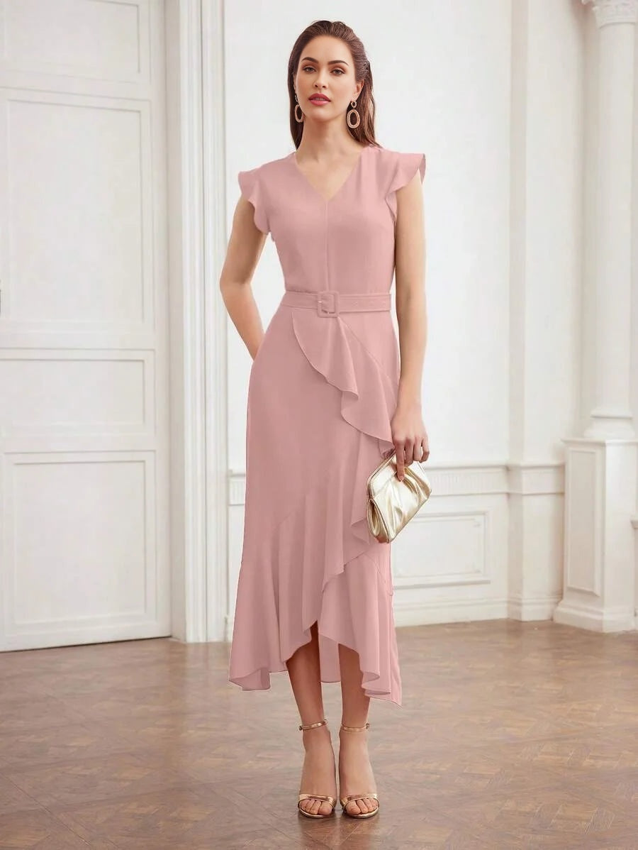 PREMIUM RUFFLE TRIM BELTED DRESS