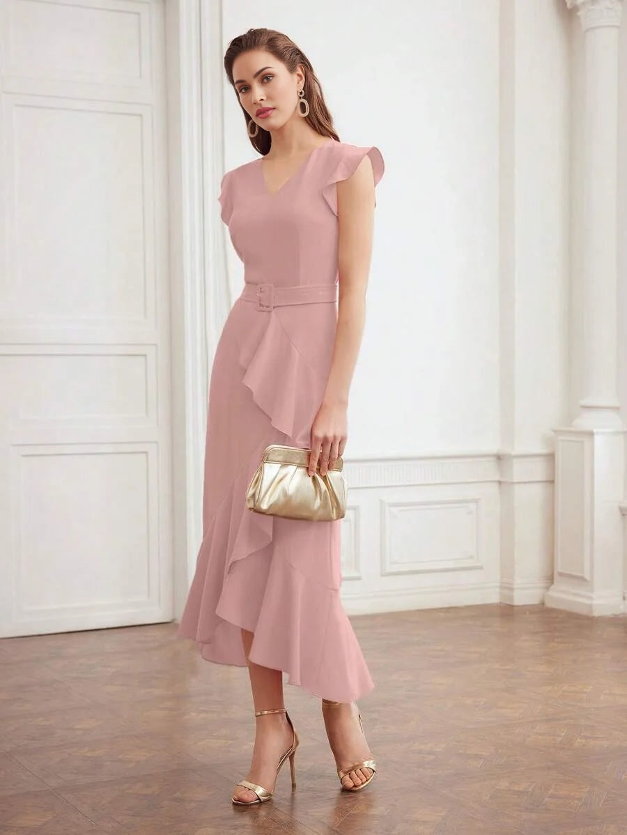 PREMIUM RUFFLE TRIM BELTED DRESS