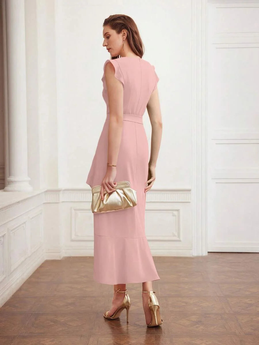 PREMIUM RUFFLE TRIM BELTED DRESS