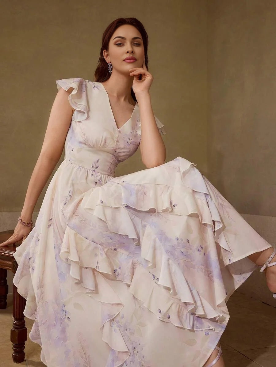 PREMIUM RUFFLE TRIM FLORAL PRINT DRESS