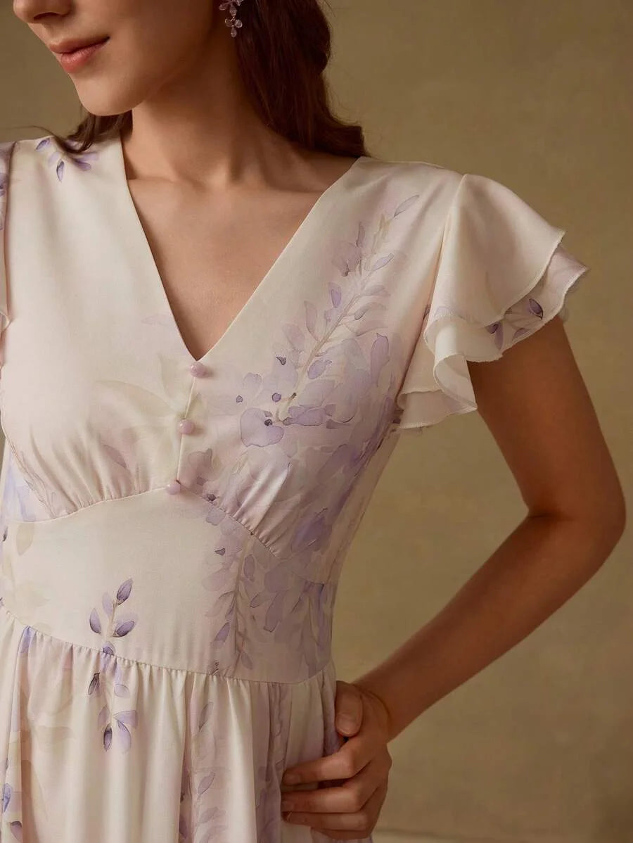 PREMIUM RUFFLE TRIM FLORAL PRINT DRESS