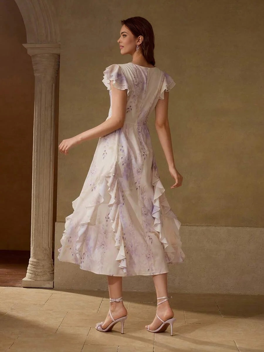 PREMIUM RUFFLE TRIM FLORAL PRINT DRESS