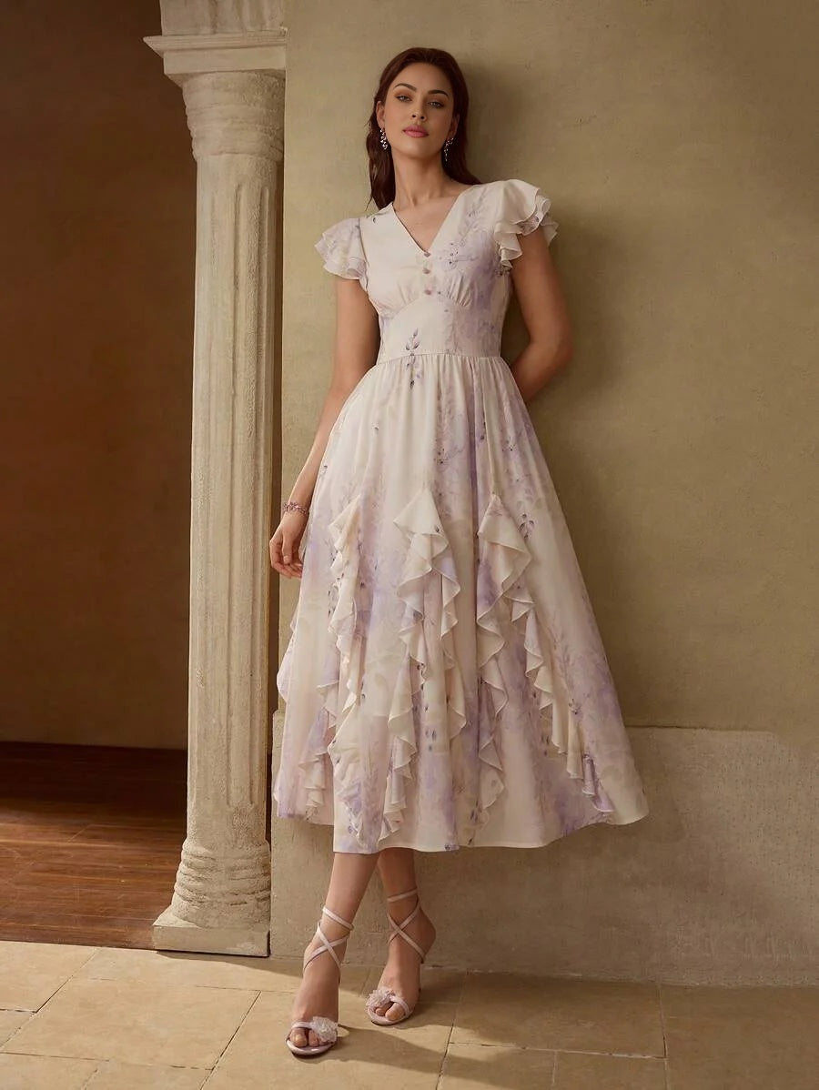 PREMIUM RUFFLE TRIM FLORAL PRINT DRESS