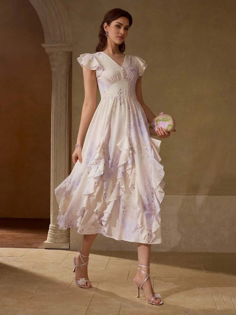 PREMIUM RUFFLE TRIM FLORAL PRINT DRESS