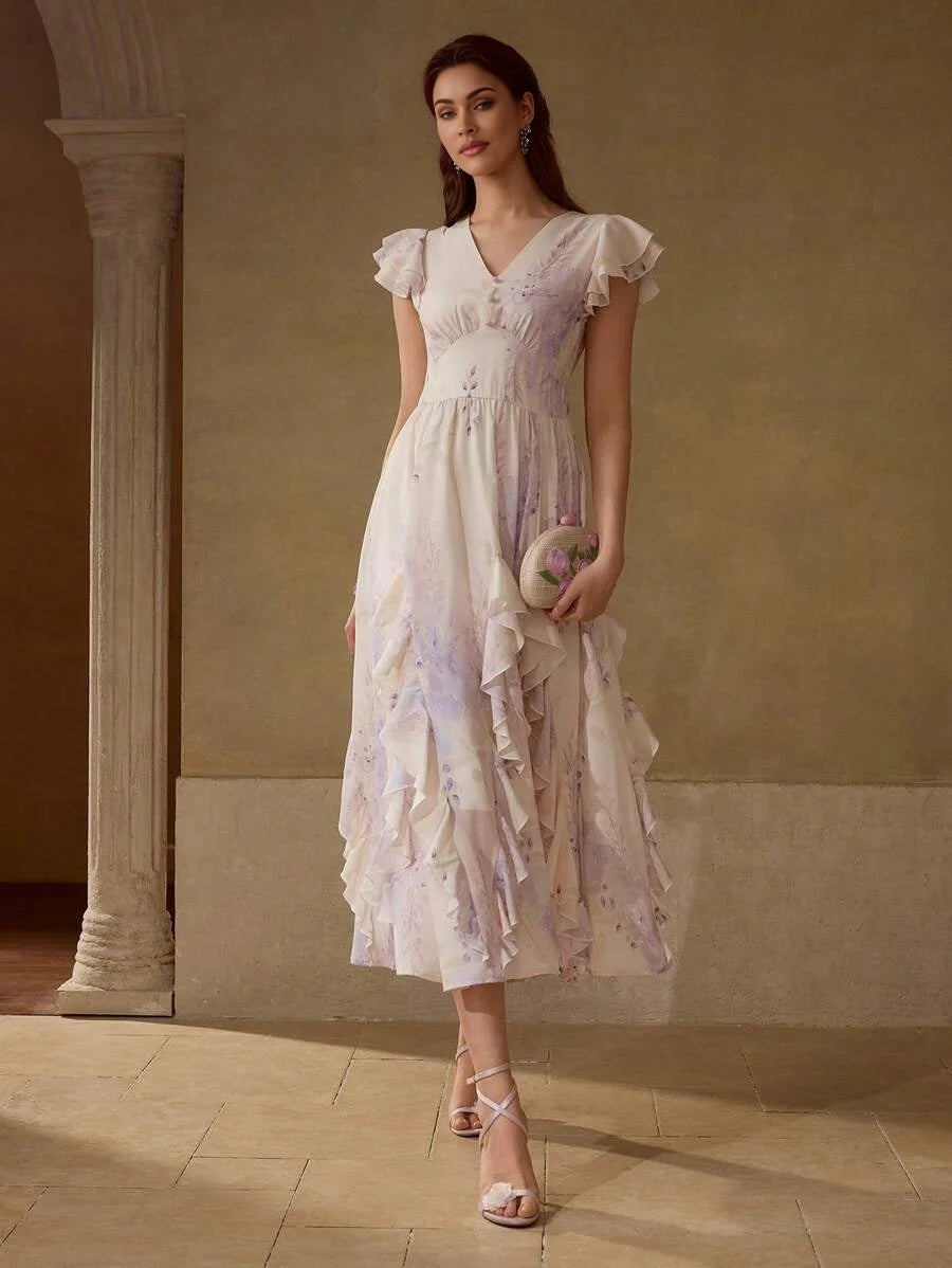 PREMIUM RUFFLE TRIM FLORAL PRINT DRESS