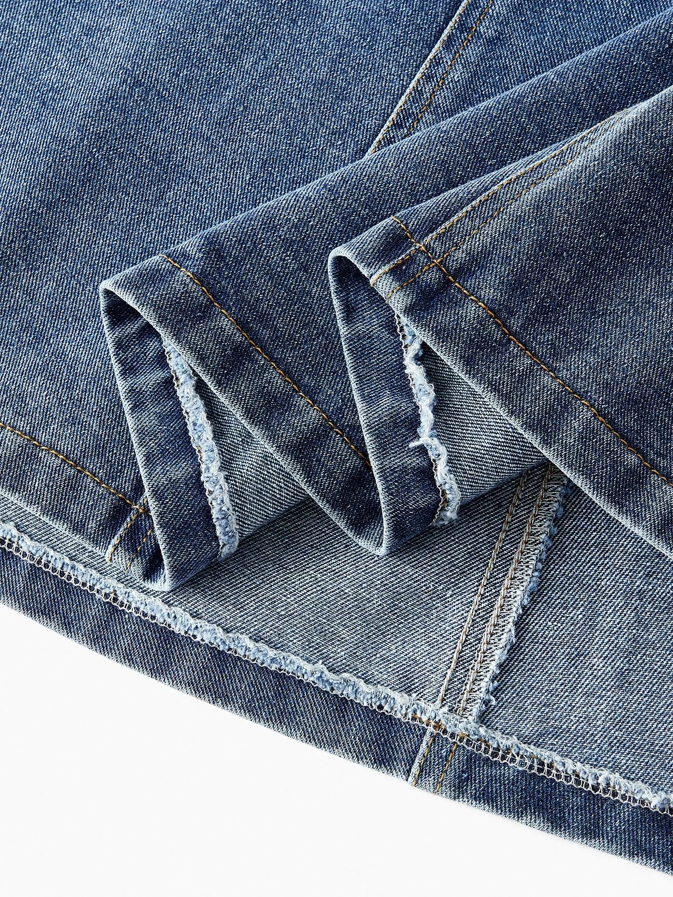 PREMIUM RUFFLE TRIM SLANT POCKET DENIM DRESS