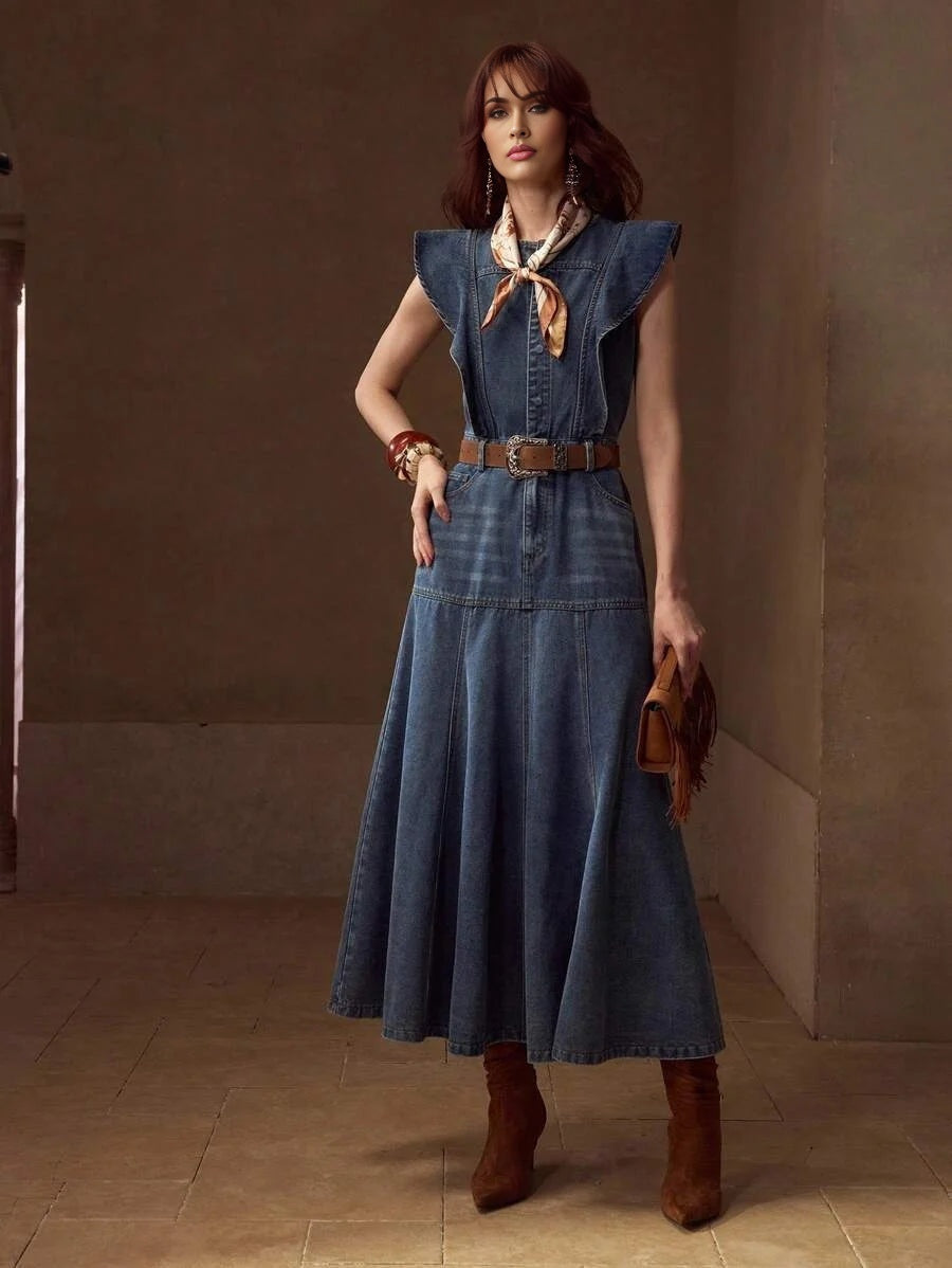 PREMIUM RUFFLE TRIM SLANT POCKET DENIM DRESS