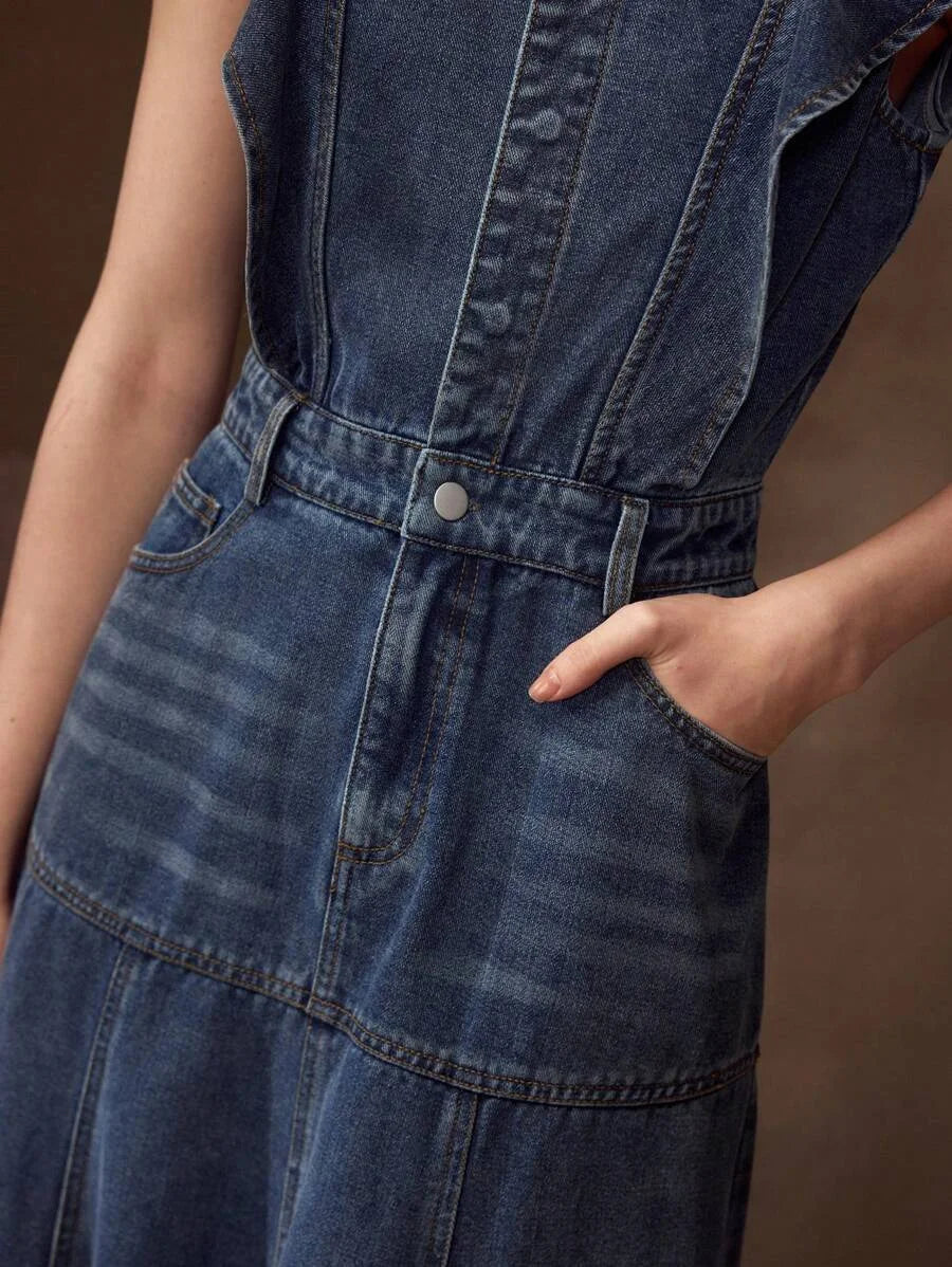 PREMIUM RUFFLE TRIM SLANT POCKET DENIM DRESS