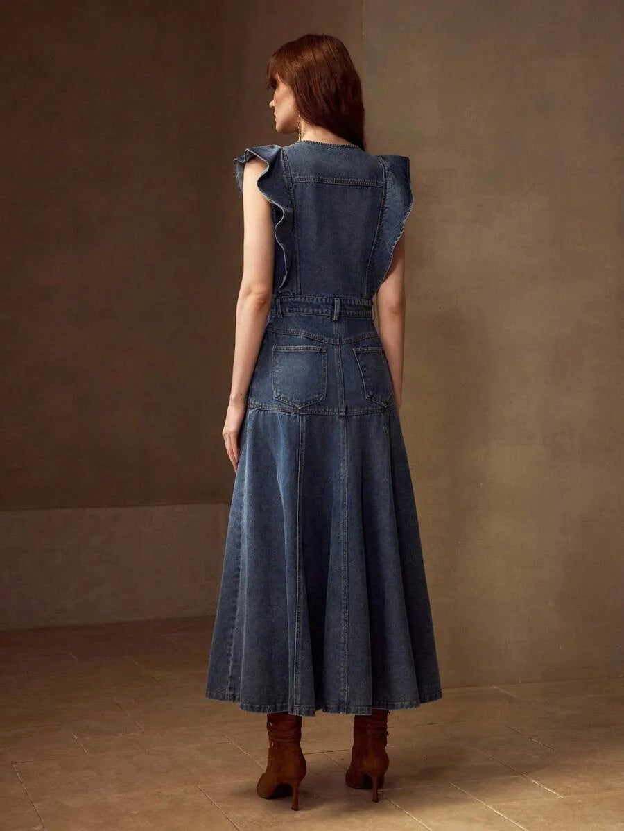 PREMIUM RUFFLE TRIM SLANT POCKET DENIM DRESS