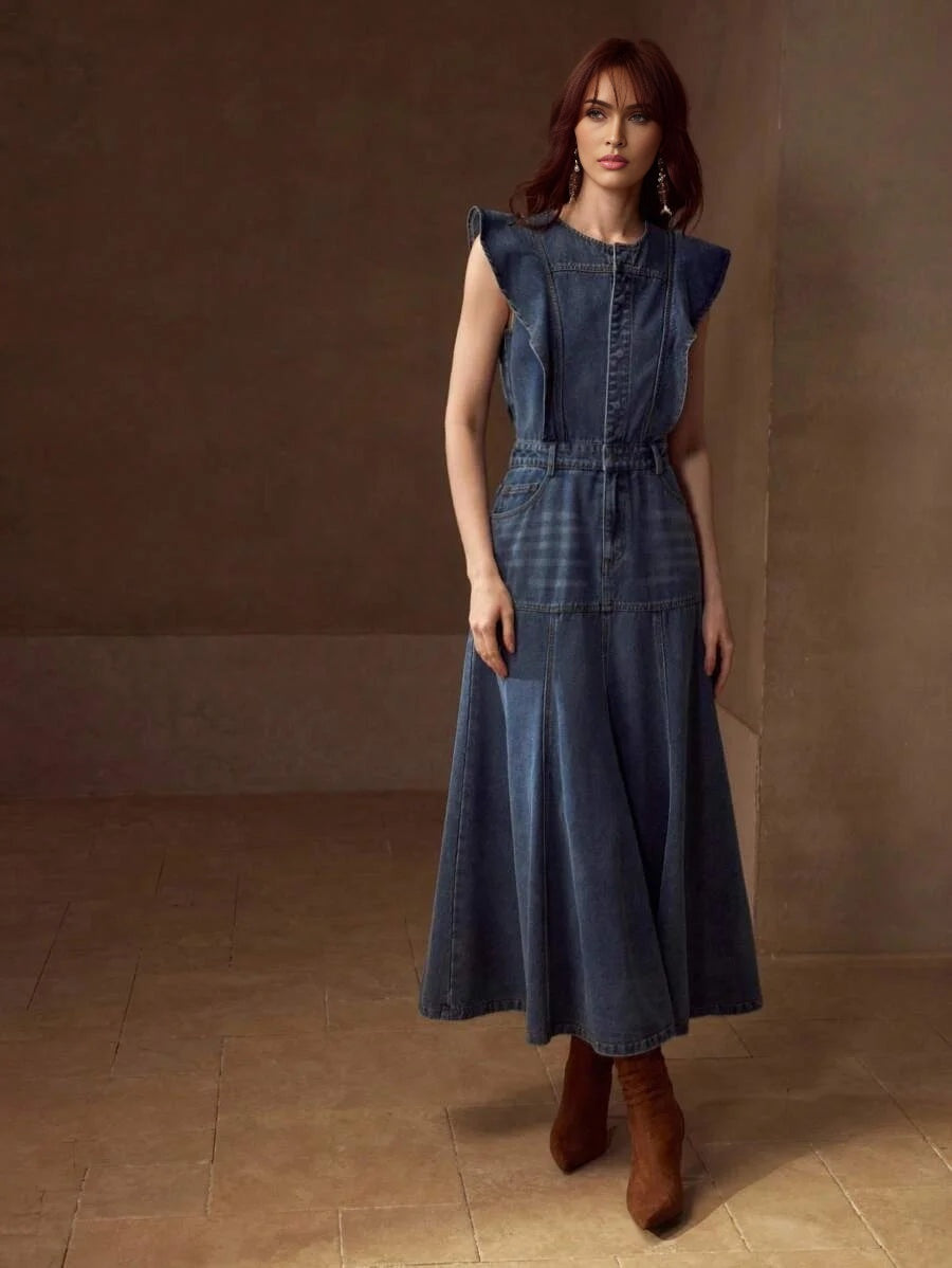 PREMIUM RUFFLE TRIM SLANT POCKET DENIM DRESS