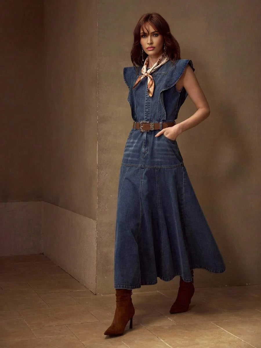 PREMIUM RUFFLE TRIM SLANT POCKET DENIM DRESS