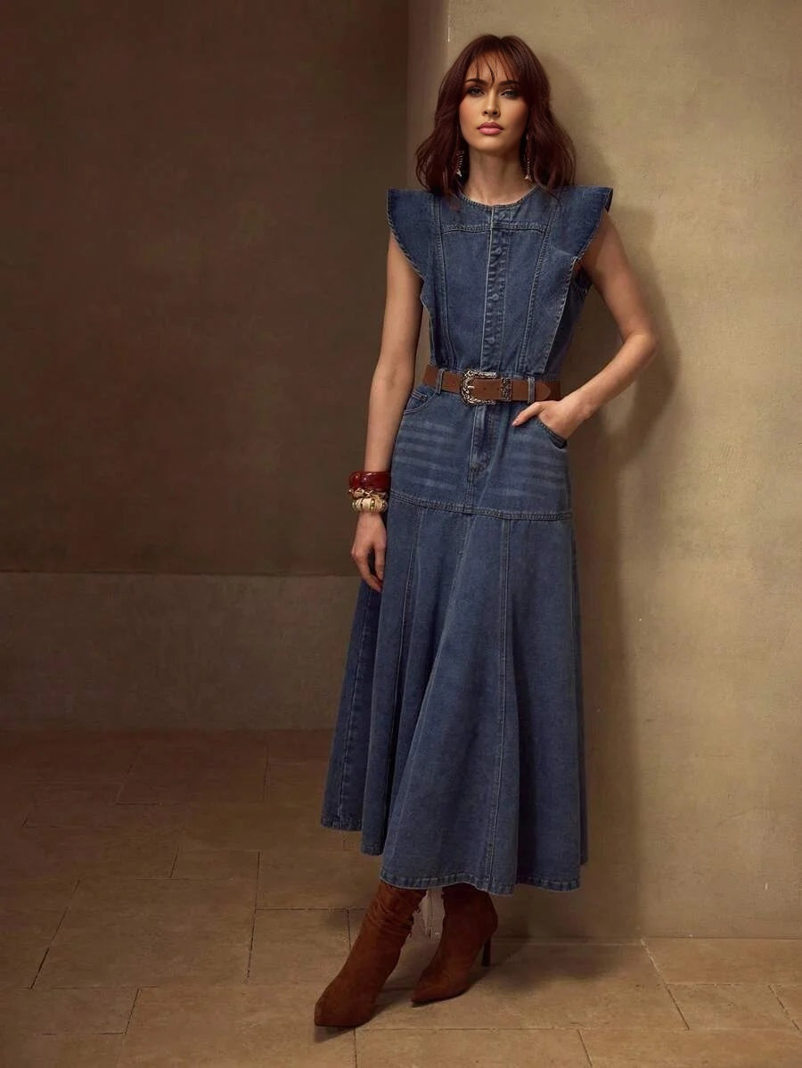 PREMIUM RUFFLE TRIM SLANT POCKET DENIM DRESS
