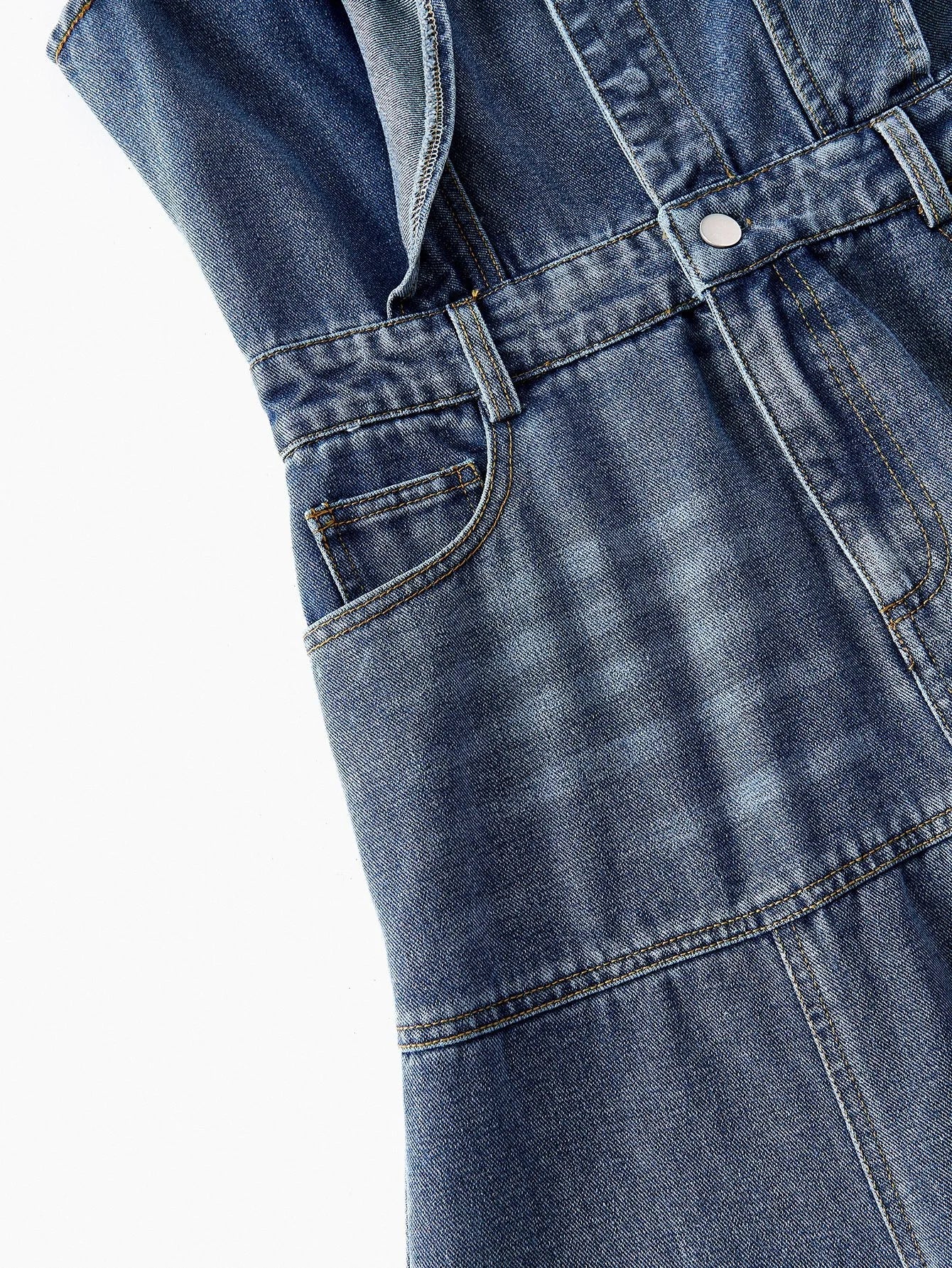 PREMIUM RUFFLE TRIM SLANT POCKET DENIM DRESS