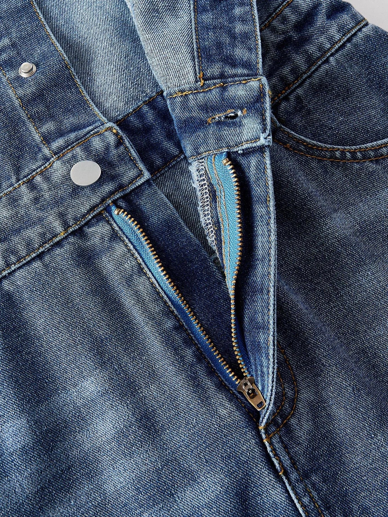 PREMIUM RUFFLE TRIM SLANT POCKET DENIM DRESS