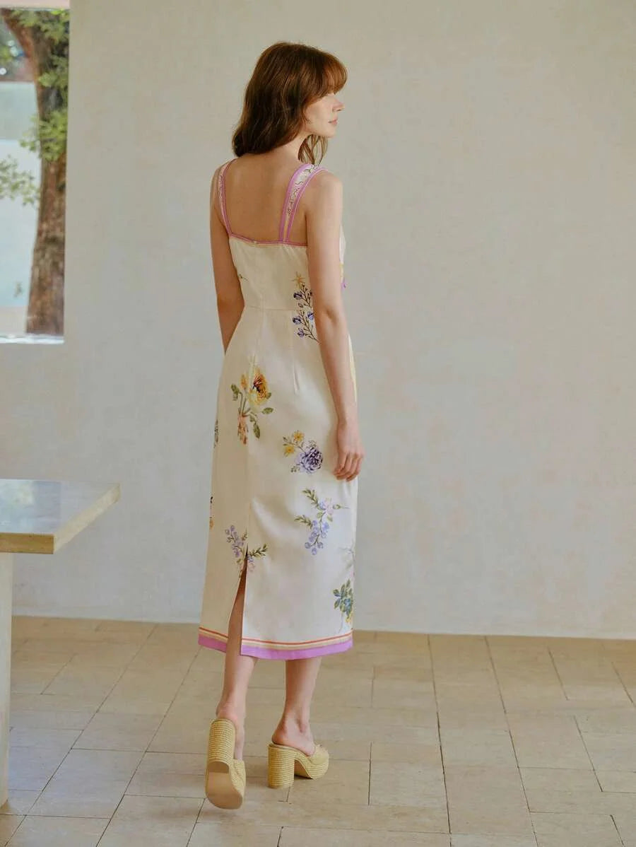 PREMIUM SATIN ELEGANT RIBBED FABRIC FLORAL PRINT TIE FRONT MIDI DRESS