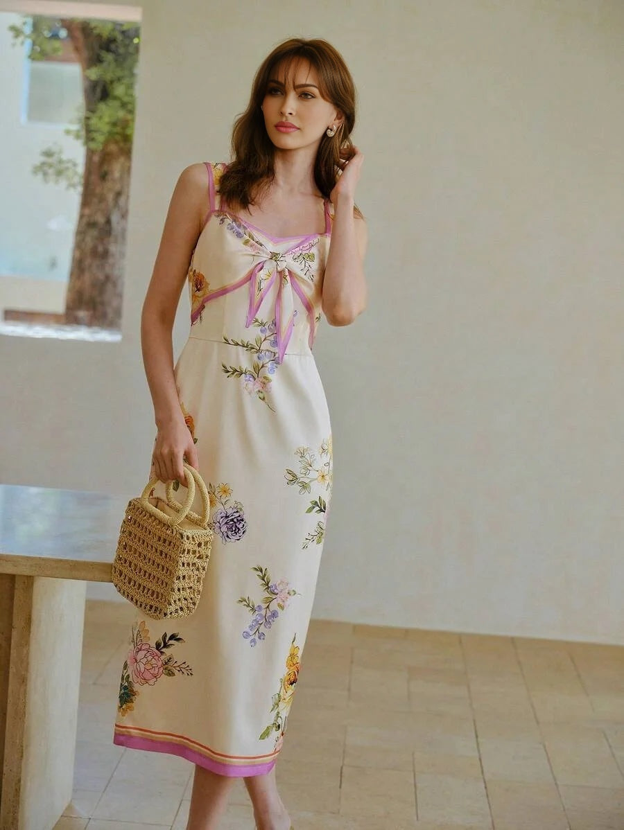 PREMIUM SATIN ELEGANT RIBBED FABRIC FLORAL PRINT TIE FRONT MIDI DRESS